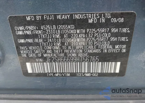 2009 Subaru Forester 2.5Xt Limited from USA, damaged, VIN JF2SH66699H756765